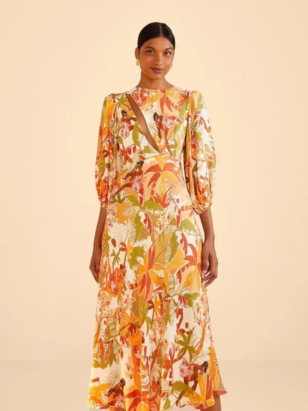 Farm Rio Leopard Forest Sand Dress Midi 3/4 Sleeves Cutout Tropical Printed